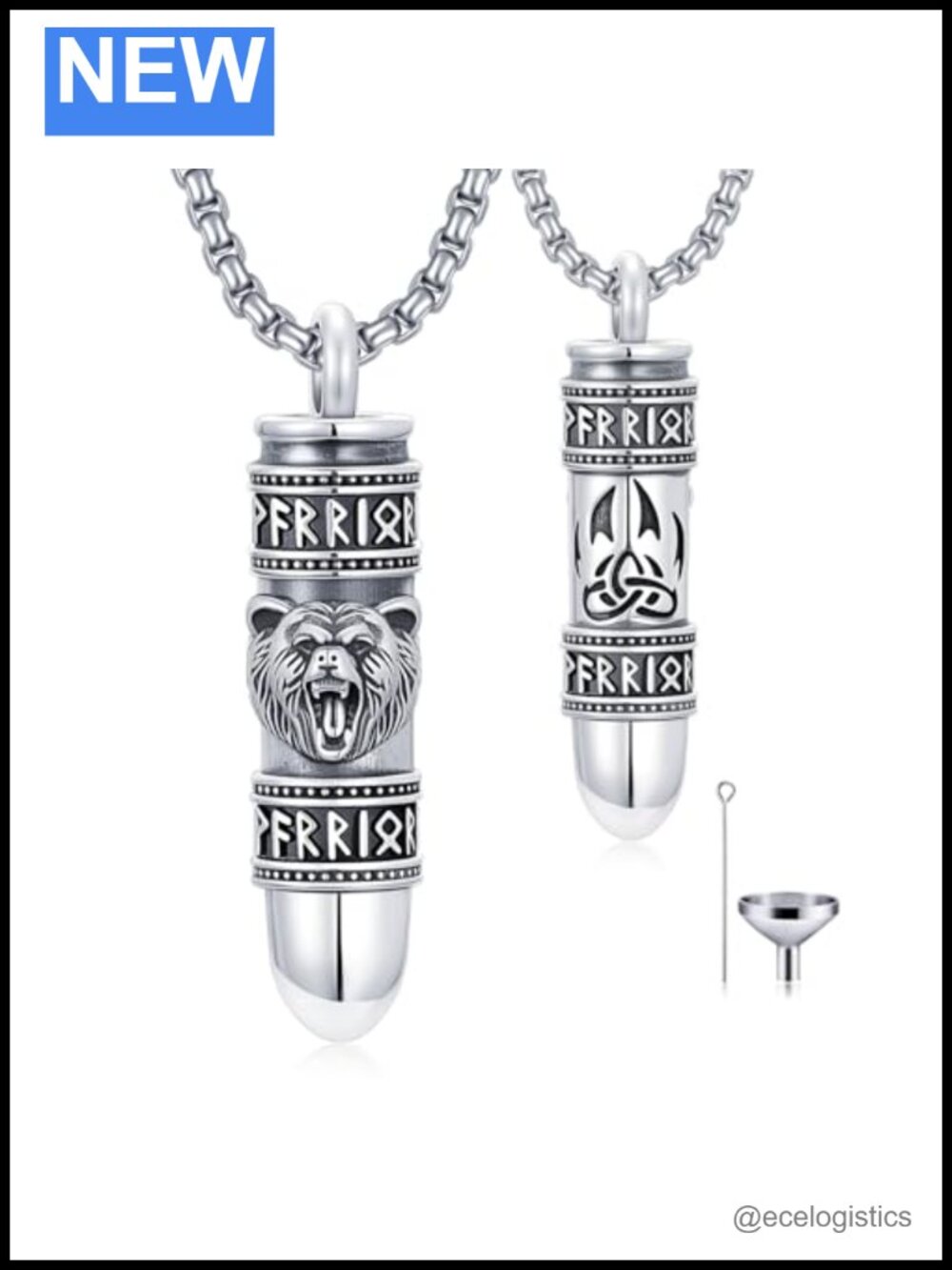 925 Sterling Silver Bullet Urn Necklace Viking Warrior Bear Pendant